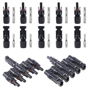 glarks solar panel connectors 1 male to 5 female and 1 female to 5 male t branch connectors cable coupler combiner and 5 pair male/female solar panel cable connectors set (m/5f and f/5m)