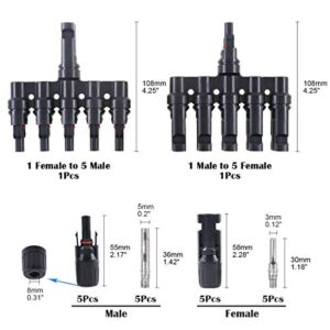 Glarks Solar Panel Connectors 1 Male to 5 Female and 1 Female to 5 Male T Branch Connectors Cable Coupler Combiner and 5 Pair Male/Female Solar Panel Cable Connectors Set (M/5F and F/5M)