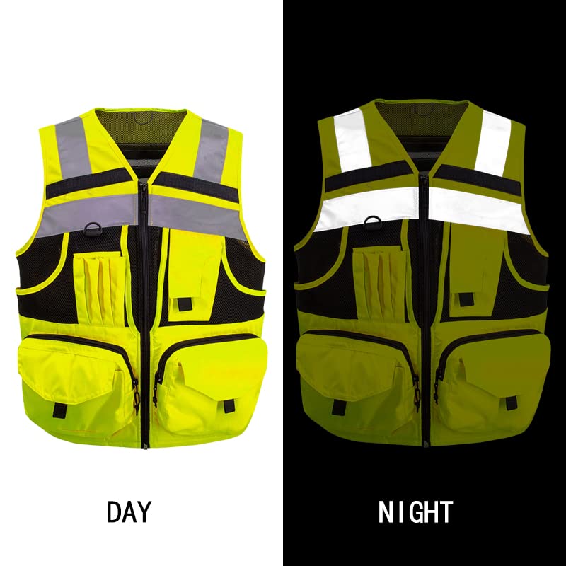 ZUJA 3M Reflective stripes Safety Vest Hi-vis Yellow knitted Vest with 10 pockets Bright Construction Workwear for men and women. (Medium)