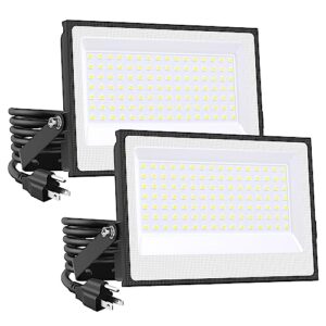onforu 2 pack 100w led flood light with plug 700w equiv., 8900lm super bright led work light, ip66 waterproof outdoor security lights, 6500k daylight white floodlight for yard garden patio
