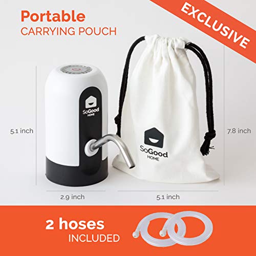 Water Dispenser 5 Gallon Bottle by SoGood - Carrying Pouch and 2 Hoses - Water Gallon Dispenser - Automatic Drinking Water Pump Portable - BPA Free - USB Charging - Ideal for Outdoor or Kitchen