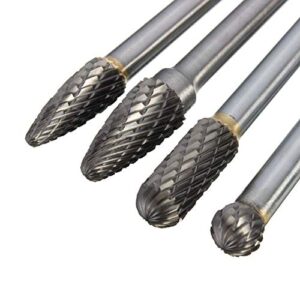 4 Pcs Carbide Rotary Burr Set, 1/4-Inch Long Shank Tungsten Steel Head Burr Bit Set Fits Rotary Tool for Wood/ Metal Drilling Carving Engraving