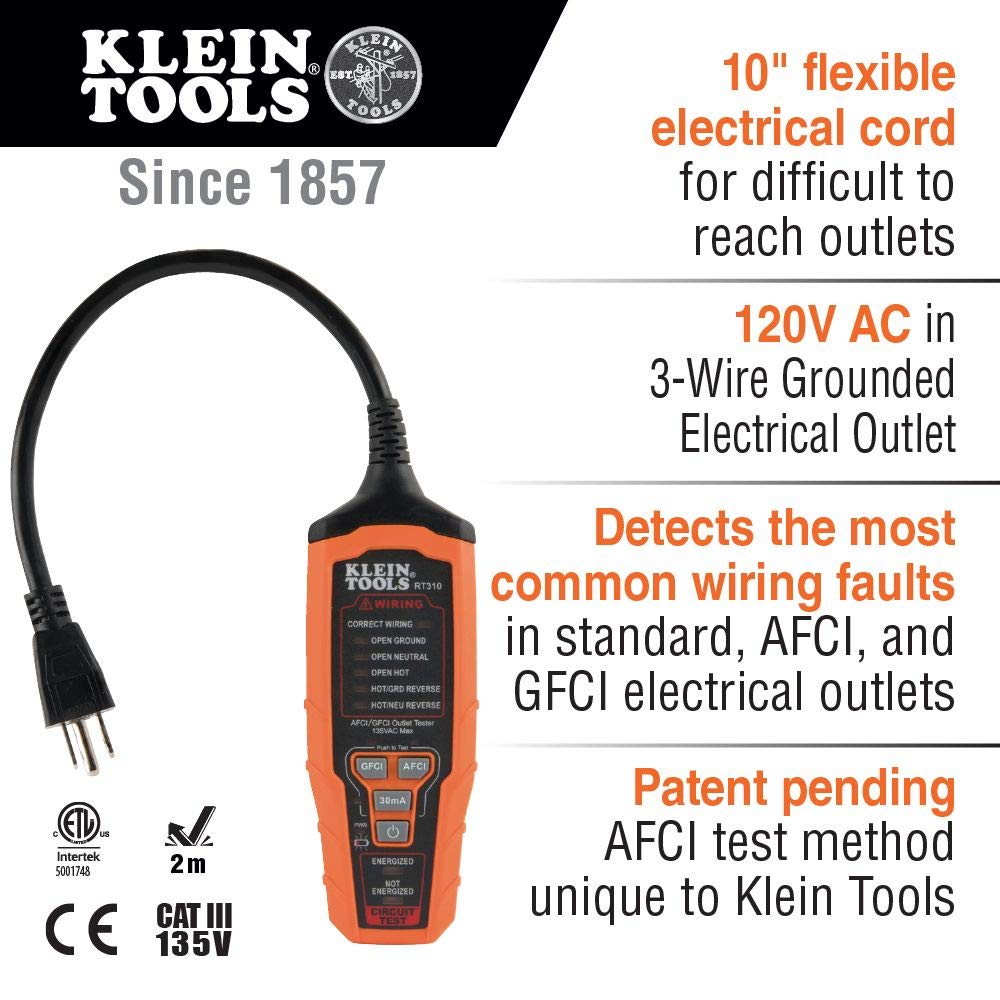 Klein Tools RT310 Outlet Tester, AFCI and GFCI Receptacle Tester for North American AC Electrical Outlets