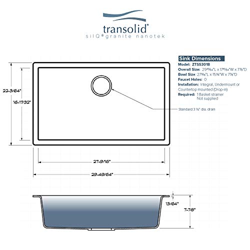 Transolid ZTSS3018-1T Zero Granite Super Single Bowl Dual Mount Kitchen Sink, Total White