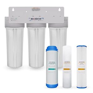 max water 3 stage (good for city & cottage water) 10 inch standard water filtration system for whole house - pleated sediment + sediment + gac - ¾" inlet/outlet - model : wh-sw3