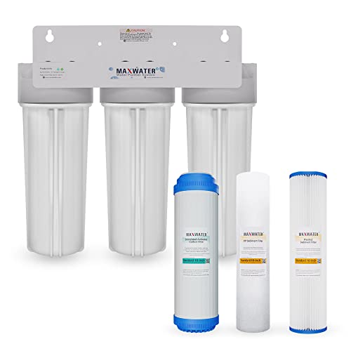 Max Water 3 Stage (Good for City & Cottage Water) 10 inch Standard Water Filtration System for Whole House - Pleated Sediment + Sediment + GAC - ¾" Inlet/Outlet - Model : WH-SW3