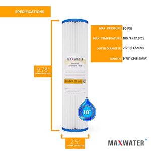 Max Water 3 Stage (Good for City & Cottage Water) 10 inch Standard Water Filtration System for Whole House - Pleated Sediment + Sediment + GAC - ¾" Inlet/Outlet - Model : WH-SW3