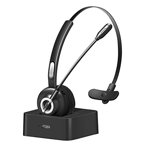 Golvery Bluetooth Headset with Microphone, Truck Driver Headset w/Charging Base, Wireless Office PC Hands-Free Headphone with Noise Canceling for Call Center, Skype, Supports Music 17 Hrs Talk Time