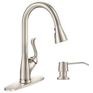 appaso patented kitchen faucet with pull down sprayer and soap dispenser - single handle stainless steel brushed nickel high arc pull out kitchen sink faucets with deck plate