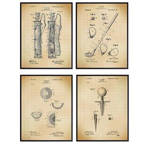 golf patent wall art print set - stylish vintage retro home decor for office, den, bedroom, man cave, living room - perfect gift for golfers- (set of four) 8x10 photos - unframed