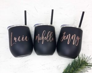 personalized stemless wine cup tumbler stainless steel, girls trip gift, wedding party gifts, bridesmaid gift, travel wine cup with lid, bachelorette cups, personalized wine glasses, vinyl decal