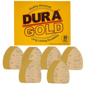 dura-gold premium mouse detail sander sandpaper, 48 assorted grit sanding sheets - 60, 80, 120, 220, 320, 400-5 hole pattern hook & loop triangle mouse discs - woodworking wood crafting, auto paint