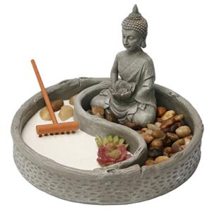 nature's mark mini zen garden kit for desk with lotus, buddha figures, rake and natural sand river rocks table/desk décor gift set for home and office 6 x 6 inches round base