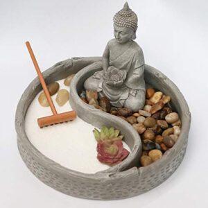 Nature's Mark Mini Zen Garden Kit for Desk with Lotus, Buddha Figures, Rake and Natural Sand River Rocks Table/Desk Décor Gift Set for Home and Office 6 x 6 Inches Round Base