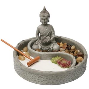 Nature's Mark Mini Zen Garden Kit for Desk with Lotus, Buddha Figures, Rake and Natural Sand River Rocks Table/Desk Décor Gift Set for Home and Office 6 x 6 Inches Round Base