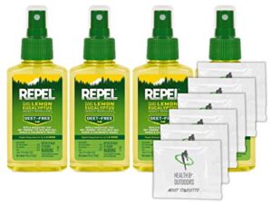 repel plant-based lemon eucalyptus insect repellent, pump spray, 4-ounce(4 count) w/ 6 hao moist towelettes
