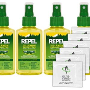 Repel Plant-Based Lemon Eucalyptus Insect Repellent, Pump Spray, 4-Ounce(4 Count) W/ 6 HAO Moist Towelettes