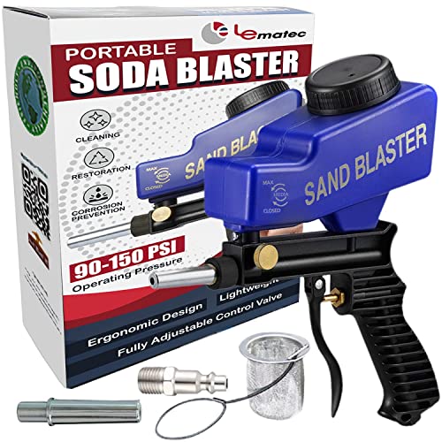 LE LEMATEC Sand Blaster Gun Kit for Air Compressor, Paint/Rust Remover for Metal, Wood & Glass Etching, Up to 150 PSI Blasting Media for Aluminum, Sand, Walnut Shells & Soda Blaster Jobs, Blue