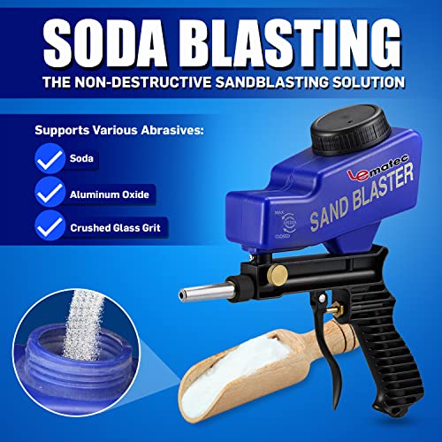 LE LEMATEC Sand Blaster Gun Kit for Air Compressor, Paint/Rust Remover for Metal, Wood & Glass Etching, Up to 150 PSI Blasting Media for Aluminum, Sand, Walnut Shells & Soda Blaster Jobs, Blue