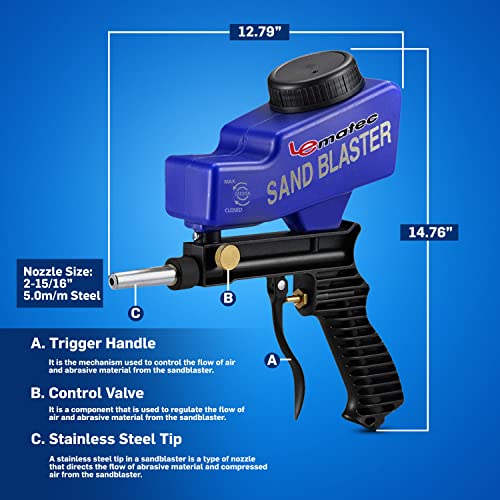 LE LEMATEC Sand Blaster Gun Kit for Air Compressor, Paint/Rust Remover for Metal, Wood & Glass Etching, Up to 150 PSI Blasting Media for Aluminum, Sand, Walnut Shells & Soda Blaster Jobs, Blue