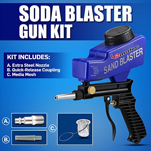LE LEMATEC Sand Blaster Gun Kit for Air Compressor, Paint/Rust Remover for Metal, Wood & Glass Etching, Up to 150 PSI Blasting Media for Aluminum, Sand, Walnut Shells & Soda Blaster Jobs, Blue