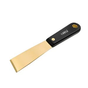 chili tools. 1-1/4" brass putty knife with non-spark, non-scratch, non-magnetic brass full tang blade, sharp grounding tip and durable nylon handle for scraping in tight areas, made in taiwan