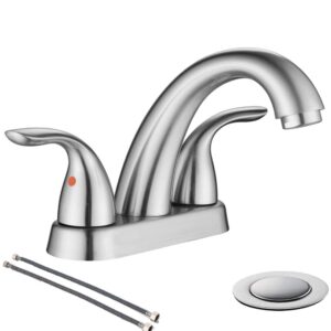 phiestina centerset 4 inch brushed nickel 2 or 3 holes stainless steel bathroom sink faucet, 2 handle bathroom faucet with copper pop up drain and water supply lines, bf008-5-bn