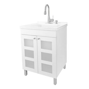 white utility sink in white vanity, stainless steel pull-down sprayer faucet, soap dispenser and spacious cabinet by js jackson supplies for garage, basement, shop and laundry room