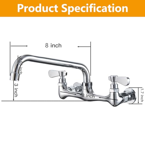 BATHLAVISH Wall Mount Kitchen Sink Faucet 8” Commercial Center Double Handle Bar Laundry Utility Swivel Spout Chrome Mixer Tap