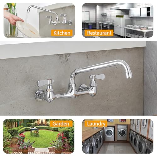 BATHLAVISH Wall Mount Kitchen Sink Faucet 8” Commercial Center Double Handle Bar Laundry Utility Swivel Spout Chrome Mixer Tap