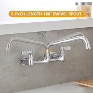 BATHLAVISH Wall Mount Kitchen Sink Faucet 8” Commercial Center Double Handle Bar Laundry Utility Swivel Spout Chrome Mixer Tap