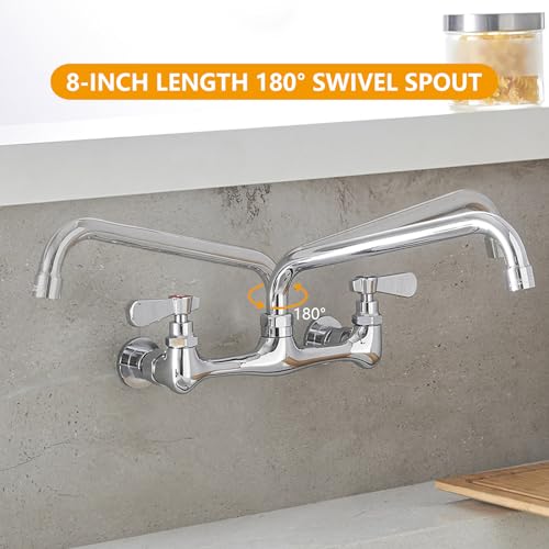 BATHLAVISH Wall Mount Kitchen Sink Faucet 8” Commercial Center Double Handle Bar Laundry Utility Swivel Spout Chrome Mixer Tap