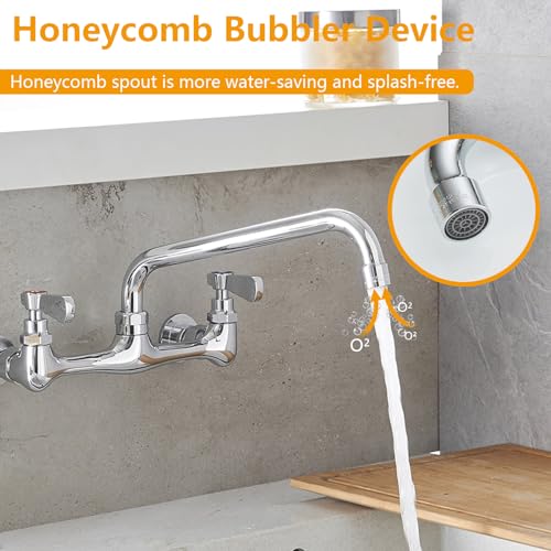 BATHLAVISH Wall Mount Kitchen Sink Faucet 8” Commercial Center Double Handle Bar Laundry Utility Swivel Spout Chrome Mixer Tap