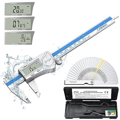 CAMWAY Digital Caliper Waterproof + 32PCS Feeler Gauge, Digital Caliper 150 mm,6 Inch Stainless Steel Electronic Vernier Caliper Fractions/Inch/Metric Measuring Tool