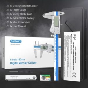 CAMWAY Digital Caliper Waterproof + 32PCS Feeler Gauge, Digital Caliper 150 mm,6 Inch Stainless Steel Electronic Vernier Caliper Fractions/Inch/Metric Measuring Tool