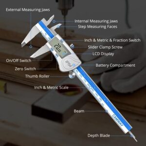 CAMWAY Digital Caliper Waterproof + 32PCS Feeler Gauge, Digital Caliper 150 mm,6 Inch Stainless Steel Electronic Vernier Caliper Fractions/Inch/Metric Measuring Tool