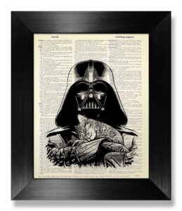 funny star wars gift for man boy woman kids room decor, darth vader with sleepy cat poster, dictionary art print, cool office gift, movie art print, boyfriend gift for husband birthday present