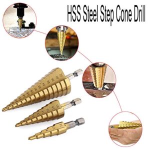 3Pcs HSS Titanium Coated Step Drill Bit Set, 1/4" Hex Shank Quick Change High Speed Steel Cone Drill Bit Kit for Plastic, Wood, Metal Sheet, Aluminum Hole Drilling (Metric 4-12mm/4-20mm/4-32mm)