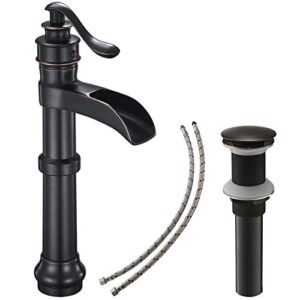 bathlavish bathroom vessel sink faucet oil rubbed bronze black farmhouse waterfall single hole tall with pop up drain assembly without overflow one hole mixer tap deck mount commercial