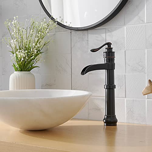 BATHLAVISH Bathroom Vessel Sink Faucet Oil Rubbed Bronze Black Farmhouse Waterfall Single Hole Tall with Pop Up Drain Assembly Without Overflow One Hole Mixer Tap Deck Mount Commercial