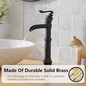 BATHLAVISH Bathroom Vessel Sink Faucet Oil Rubbed Bronze Black Farmhouse Waterfall Single Hole Tall with Pop Up Drain Assembly Without Overflow One Hole Mixer Tap Deck Mount Commercial