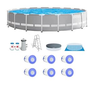 Intex 26731EH 18ft x 48in Outdoor Prism Frame Above Ground Swimming Pool Set with Cover, Ladder, Filter Pump, and 6 Replacement Filters, Gray