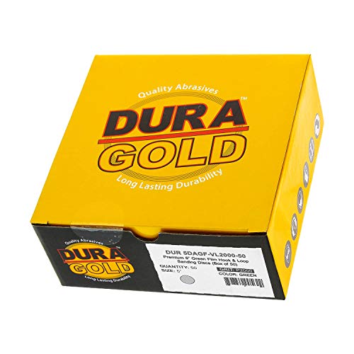 Dura-Gold Premium 5" Green Film Sanding Discs - 2000 Grit (Box of 50) - Hook & Loop Backing Sandpaper Discs for DA Sanders, Finishing Cut Abrasive, Sand Automotive Paint Car Detailing Woodworking Wood