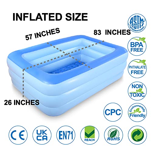 HIWENA Inflatable Family Swim Play Center Pool, 83" x 57" x 26" Giant Swimming Pool Summer Water Fun with Inflatable Soft Floor (83" Blue)