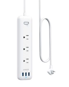 anker power strip with usb, 3-outlet & 3 poweriq usb power strip, powerport strip 3 with 5 foot long extension cord, flat plug, safety shutter, for home, office