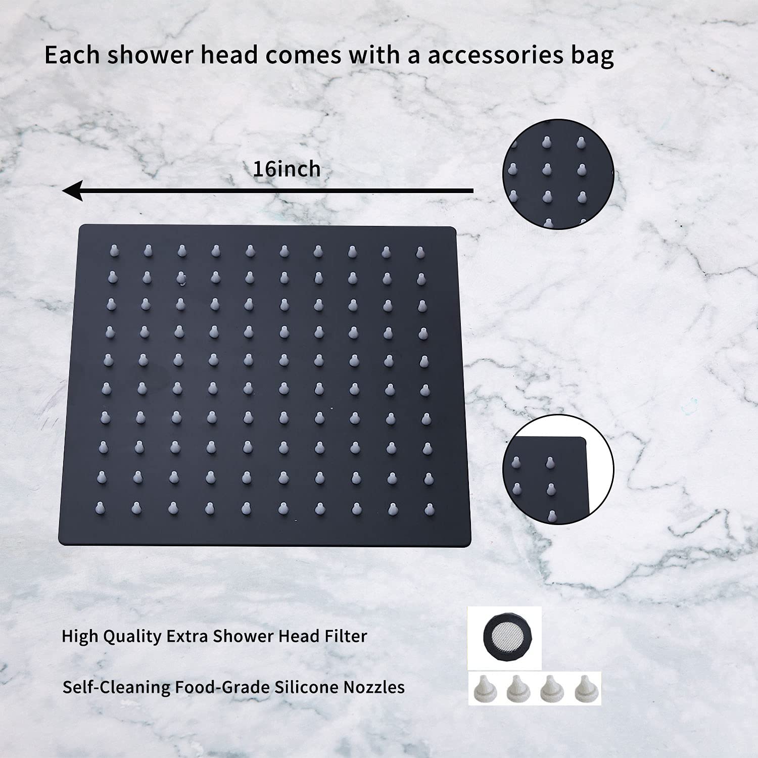 High Pressure Shower Head GGStudy Square Black Shower Head 16 Inch Large Stainless Steel Shower Heads Ultra Thin Rainfall Bath Shower 1/2 Connection