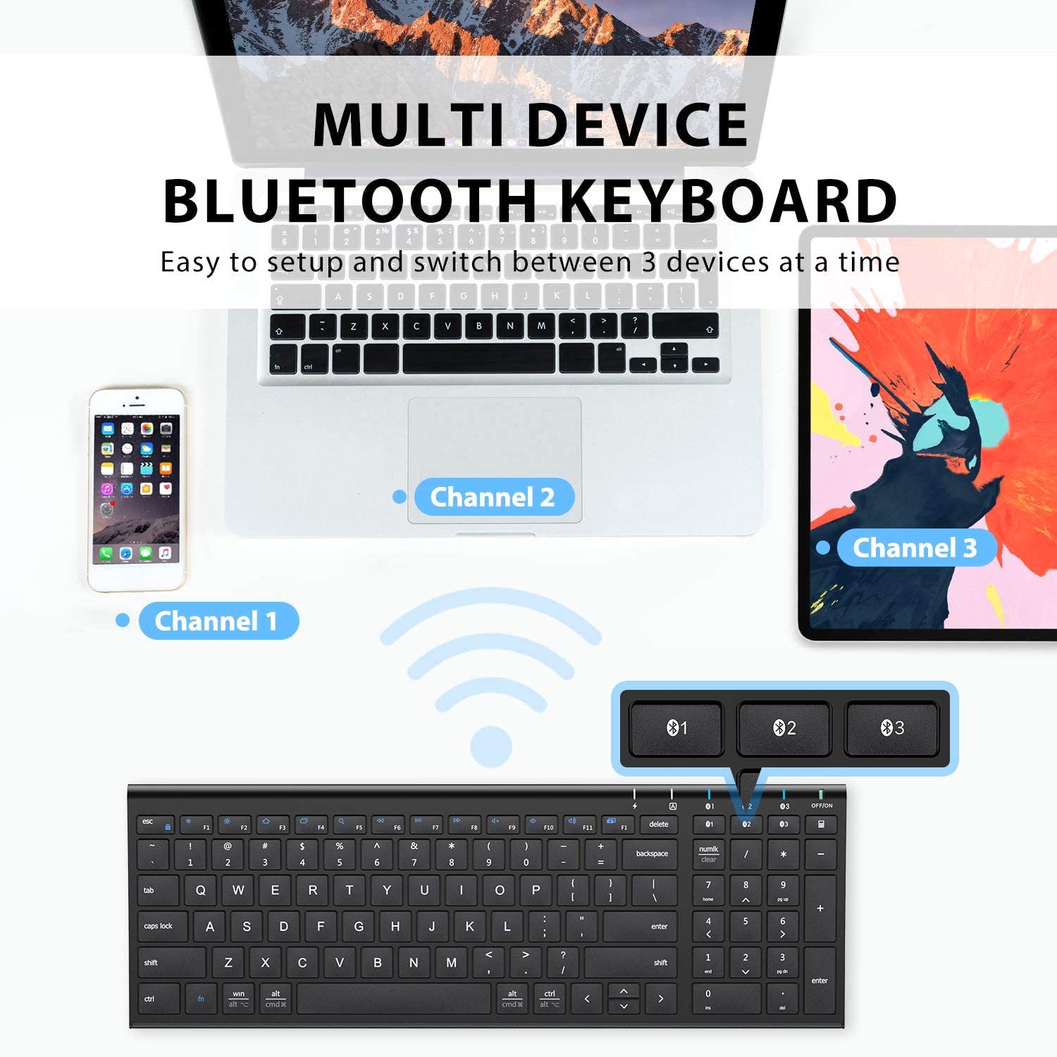 iClever BK10 Bluetooth Keyboard, Wireless Bluetooth Keyboard, Rechargeable Bluetooth 5.1 Multi Device Keyboard with Number Pad Full Size Stable Connection for Mac, Windows, iOS, Android, Laptop