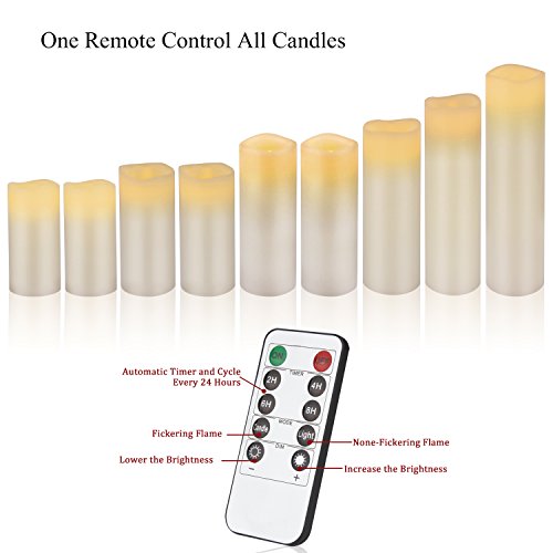 Vickiss Flameless Candles Battery Operated Candles 4" 5" 6" 7" 8" 9" Set of 9 Ivory Real Wax Pillar LED Candles with 10-Key Remote and Cycling 24 Hours Timer