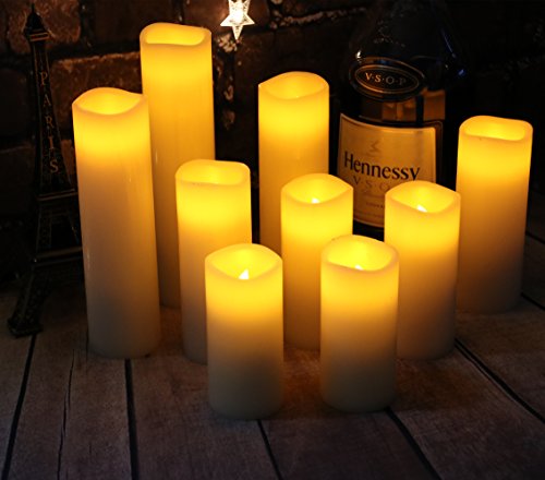 Vickiss Flameless Candles Battery Operated Candles 4" 5" 6" 7" 8" 9" Set of 9 Ivory Real Wax Pillar LED Candles with 10-Key Remote and Cycling 24 Hours Timer