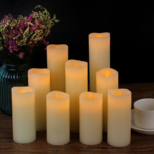 Vickiss Flameless Candles Battery Operated Candles 4" 5" 6" 7" 8" 9" Set of 9 Ivory Real Wax Pillar LED Candles with 10-Key Remote and Cycling 24 Hours Timer